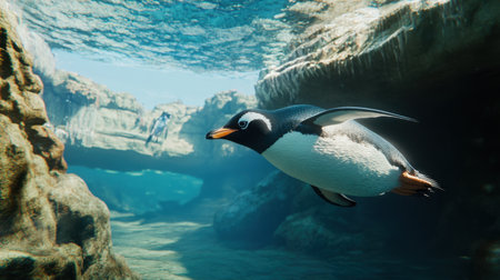 A serene underwater shot of a penguin, gracefully navigating the clear blue depths.の素材