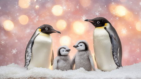 A heartwarming scene of a penguin family in the snow, with soft snowflakes falling around.の素材