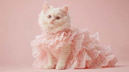Adorable Selkirk Rex cat in princess attire, soft pink peach background, fancy and fluffy.の素材