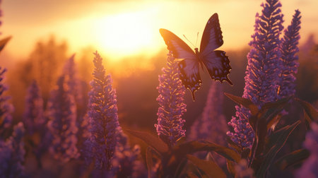 Bird eye view of a butterfly among blooming purple flowers at golden sunset, nature's beauty in full bloom.の素材