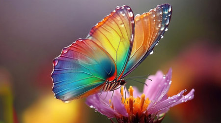 Colorful butterfly perched on a flower, tiny water droplets adding a touch of freshness.の素材