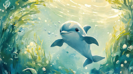 Playful watercolor baby dolphin surrounded by soft seaweed and light, capturing innocence in a serene ocean sceneの素材