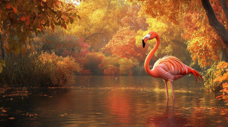 A joyful flamingo in warm autumn light, surrounded by fall colors, capturing seasonal happiness.の素材