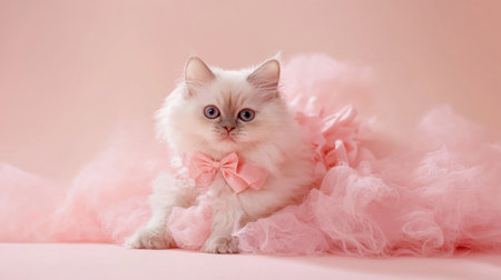 Adorable Selkirk Rex cat in princess attire, soft pink peach background, fancy and fluffy.の素材