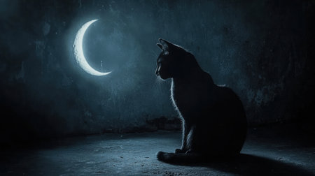 Black cat and crescent moon in dark scene, mystical glow around cat, setting an eerie vibe.の素材