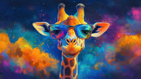 Artistic giraffe in funky glasses, surreal style with vibrant colors, inspired and humorous.の素材