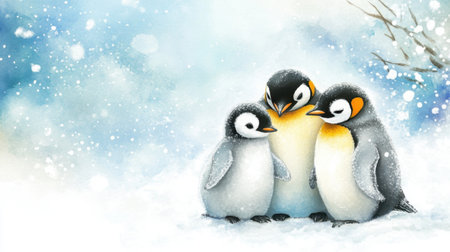 Adorable penguin family standing close together in a snowy environment, full of warmth.の素材