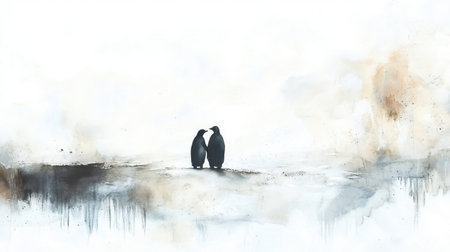 Artistic watercolor depiction of two penguins on a frozen landscape, capturing family warmth.の素材