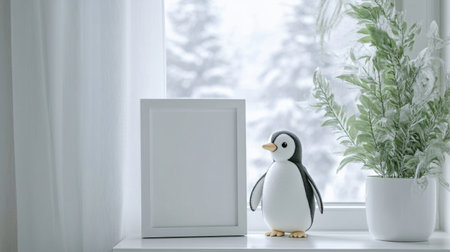 A white frame mockup on wall, cozy penguin doll near a frosted window, filled with winter atmosphere.の素材