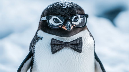 A distinguished penguin in a bowtie and spectacles, a playful portrait of intelligence.の素材