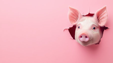 Adorable pink pig peeking through torn paper, curious expression with snout and eyes visible.の素材