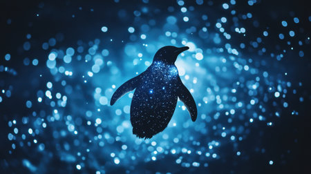 Astral penguin floating in a cosmic galaxy, shimmering stars adding a magical touchの素材