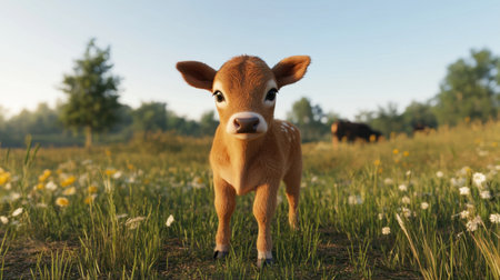 Adorable baby cow standing in a field, bathed in warm sunlight, serene and natural setting.の素材
