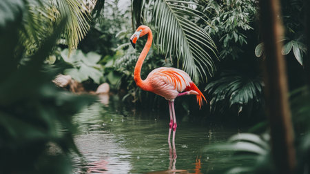 Baby flamingo balancing on one leg in a bright lagoon, framed by lush greenery on a serene day.の素材