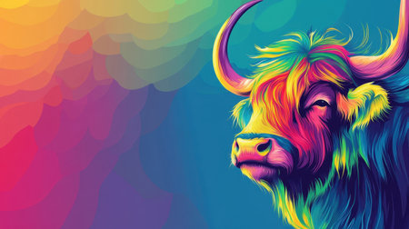 Abstract Scottish Highland cow, colorful horns in vibrant art style, playful and bold designの素材