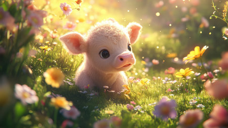 Baby cow in a sunlit field, soft light capturing gentle, peaceful moment in nature.の素材