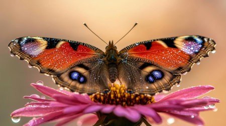 Close-up of a butterfly on a dewy flower, droplets glistening on its wings, against a soft backgroundの素材