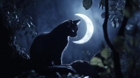 Black cat and crescent moon in dark scene, mystical glow around cat, setting an eerie vibe.の素材