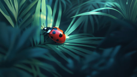 Close-up view of ladybug resting on leaf, vibrant red and black detail captured in nature.の素材