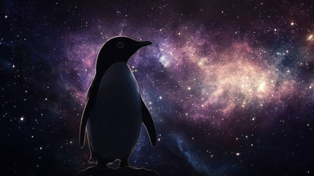 Dark galaxy with an ethereal penguin, glowing against a celestial backdrop of stars and nebulae.の素材