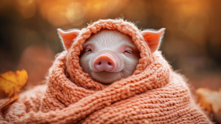 Cute mini pig wrapped in soft knit blanket, cozy setting with warm tones, peaceful vibe.の素材