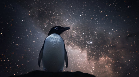Dark galaxy with an ethereal penguin, glowing against a celestial backdrop of stars and nebulae.の素材