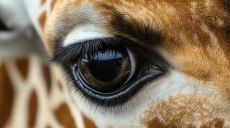 Front view close-up of giraffe eye, calm expression, room for copy space in simple background.の素材