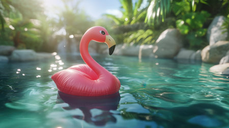 Fun inflatable pink flamingo on a sunny day, gently bobbing on pool water, capturing a playful vibe.の素材