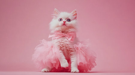Cute Selkirk Rex cat dressed as princess, peach-pink background highlighting playful fashion.の素材