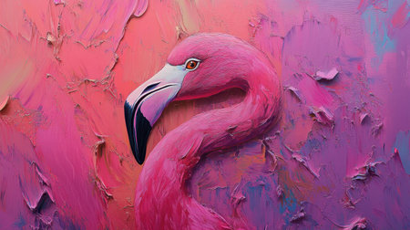 Detailed oil painting of a flamingo on canvas, bright pink tones with a textured, expressive background.の素材