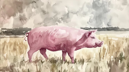 Farm watercolor with pink pig, serene setting with soft colors evoking warmth and simplicity.の素材
