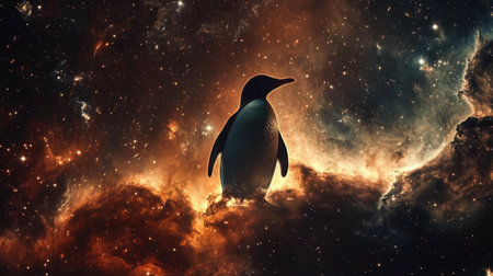 Dark galaxy with an ethereal penguin, glowing against a celestial backdrop of stars and nebulae.の素材