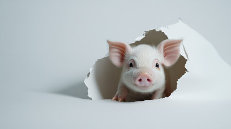 Cute piglet peeking through a tear in paper, curious face showing through white background.の素材