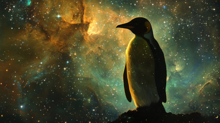 Dark galaxy with an ethereal penguin, glowing against a celestial backdrop of stars and nebulae.の素材