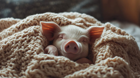 Cute mini pig wrapped in soft knit blanket, cozy setting with warm tones, peaceful vibe.の素材