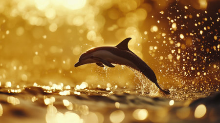 Elegant dolphin leaping against a backdrop of golden sunset, water droplets cascading in slow motion.の素材