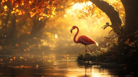Flamingo basking in autumn sunlight, with warm colors creating a joyous and happy atmosphereの素材