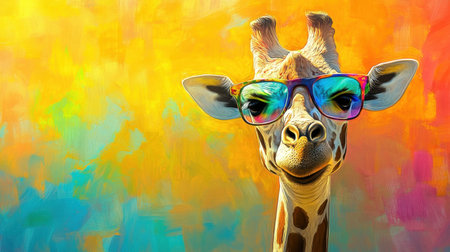 Fantasy giraffe wearing colorful glasses, surreal, multicolored background, playful and artisticの素材