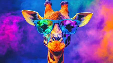 Fantasy giraffe wearing colorful glasses, surreal, multicolored background, playful and artisticの素材