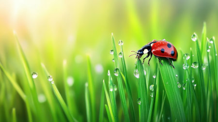 Dew-covered grass with a ladybug sitting delicately, natural morning light highlighting droplets.の素材