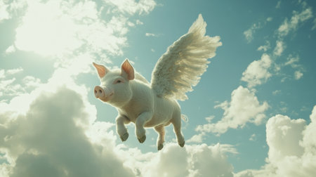 Fantasy pig with wings in flight, fluffy clouds and blue sky setting a surreal tone.の素材