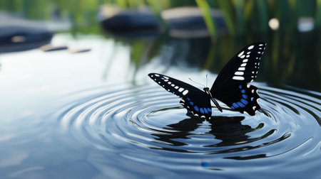 Gentle ripples form around a butterfly on still water, capturing peaceful beauty in a calming environment.の素材