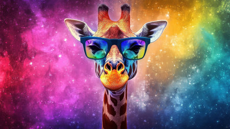 Fantasy giraffe wearing colorful glasses, surreal, multicolored background, playful and artisticの素材