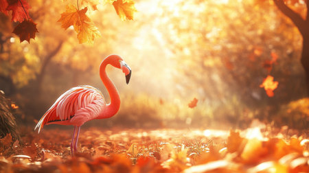 Flamingo basking in autumn sunlight, with warm colors creating a joyous and happy atmosphereの素材