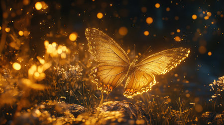 Golden sparkles around a butterfly in the night, creating a mystical, magical ambiance.の素材