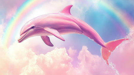Graceful pink dolphin jumping, rainbow and vibrant sky creating a dreamlike, magical momentの素材