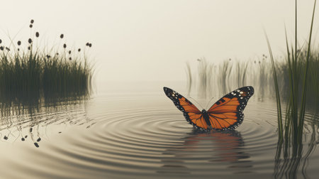 Gentle ripples form around a butterfly on still water, capturing peaceful beauty in a calming environment.の素材