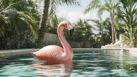 Fun inflatable pink flamingo on a sunny day, gently bobbing on pool water, capturing a playful vibe.の素材
