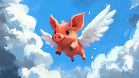 Flying pig in sky with white wings, playful cloud-filled background, imaginative scene.の素材