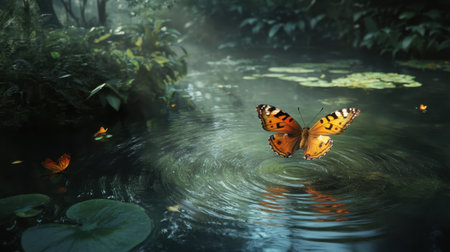 Gentle ripples form around a butterfly on still water, capturing peaceful beauty in a calming environment.の素材